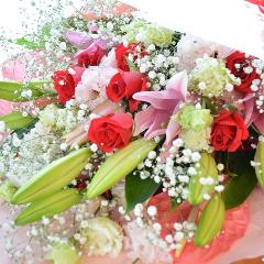 メモリアル　ブーケ　Chopin　（ユリとバラの花束）ピンク系　誕生日、結婚記念日、お祝い、送別、発表会、敬老の日