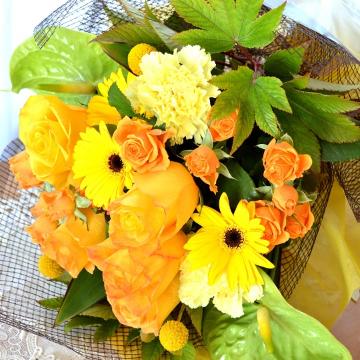  大人のブーケ OrangePalace (バラとガーベラの花束）黄色オレンジ系 誕生日、結婚記念日、お祝い、歓送迎（送別、歓迎）、退職祝い、発表会