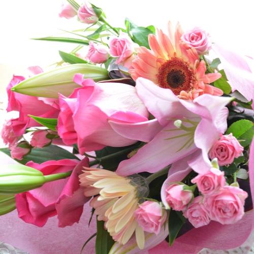 プチ贅沢なブーケ　SilentPink　（バラとユリの花束）ピンク系　誕生日、結婚記念日、お祝い、敬老の日1