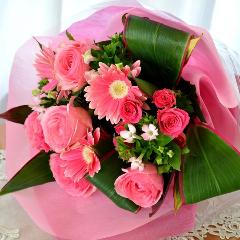 キュートなブーケ　PrincessPink　（バラとガーベラの花束）ピンク系　誕生日、結婚記念日、お祝い、歓送迎（送別、歓迎）、退職祝い、発表会