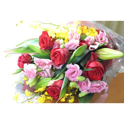 メモリアル　ブーケ　RedMemory　（バラとユリの花束）ピンクレッド系　誕生日、結婚記念日、お祝い、送別、発表会、敬老の日3