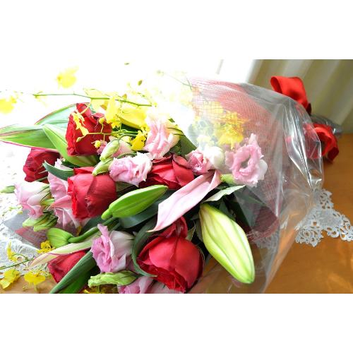 メモリアル　ブーケ　RedMemory　（バラとユリの花束）ピンクレッド系　誕生日、結婚記念日、お祝い、送別、発表会、敬老の日5