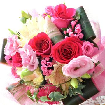 ＜フジテレビフラワーネット＞ 大人のブーケ DropPink （バラとガーベラの花束）ピンク系 誕生日、結婚記念日、お祝い、送別、発表会、敬老の日
