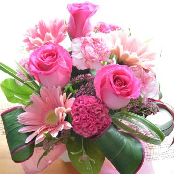＜フジテレビフラワーネット＞ プチ贅沢なアレンジメント PinkEmotion (バラとガーベラのフラワーアレンジメント）ピンク系 誕生日、結婚記念日、お祝い、敬老の日