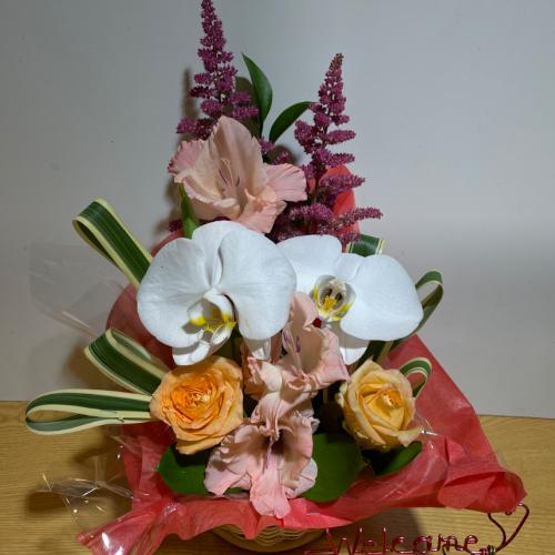 幸せの胡蝶蘭とオレンジの明るいバラのアレンジメント3
