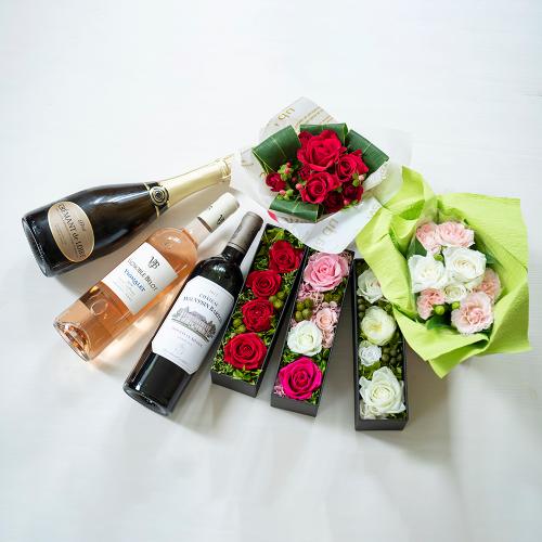 フランスのボルドー赤ワインとお花のギフトセット　3