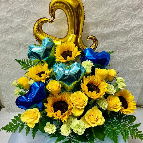 ハートバルーンアレンジ・ブルー」| 花屋「Flower Shop あすか」の