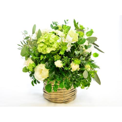 ホワイトグリーンのナチュラルアレンジ」| 花屋「（有）花萌」の