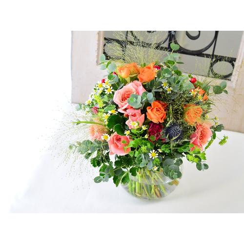 グラス付き】ナチュラルブーケ オレンジ」| 花屋「（有）花萌」の