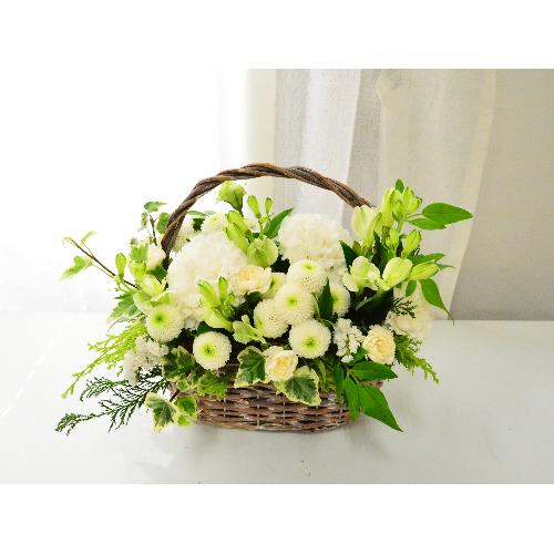 お供え花【アンティークバスケット 白】」| 花屋「（有）花萌」の