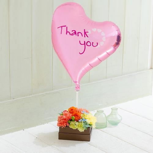 バルーンアレンジ「Thank youハート」＆ブラウンBoxフラワーオレンジ