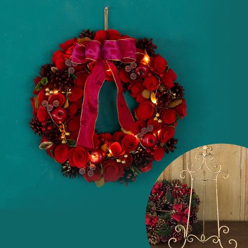 リース イーゼルmセット Ledライト付 レッドアップル ゴールドベリー Mサイズリース 花屋 フジテレビフラワーネット のオリジナル商品 フラワーギフトはプロのお花屋さんにおまかせ フジテレビフラワーネット