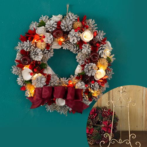 Led付ホワイトパインリース イーゼルmセット Ledライト リボン付mサイズリース ホワイトパイン アップル 花屋 フジテレビフラワーネット のオリジナル商品 フラワーギフトはプロのお花屋さんにおまかせ フジテレビフラワーネット