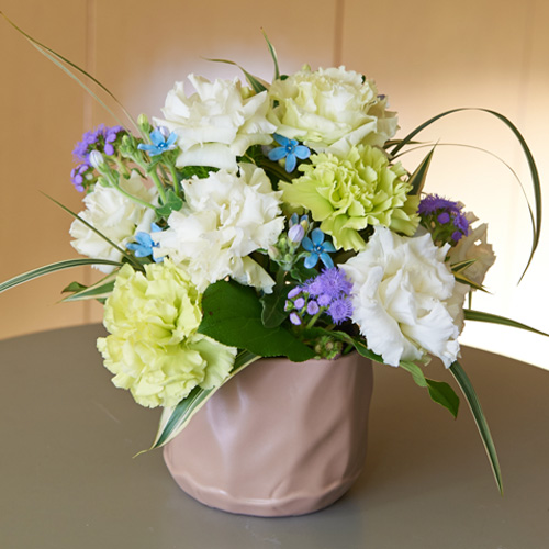 トルコギキョウとカーネーションのラウンドアレンジメント フラワーギフトはプロのお花屋さんにおまかせ フジテレビフラワーネット